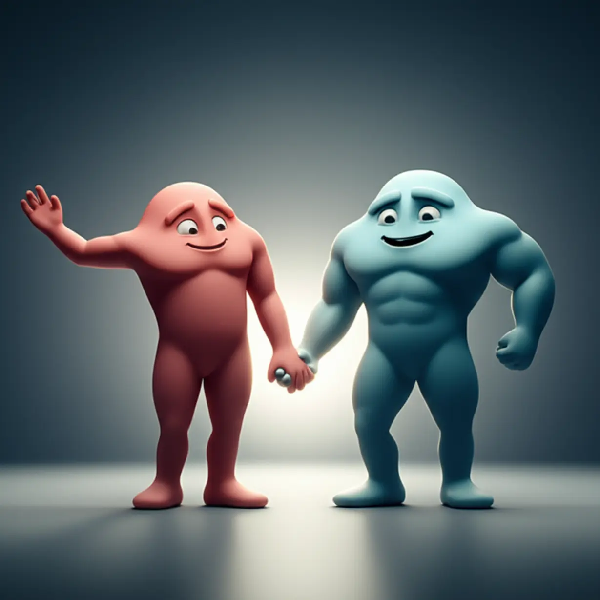 에너지가-넘치는-유산소-캐릭터와-단단한-근력-캐릭터가-손을-잡고-행복하게-웃는-모습