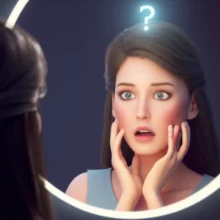 A-woman-looking-surprised-at-her-mirror-reflection-with-a-question-mark-above-her-head.