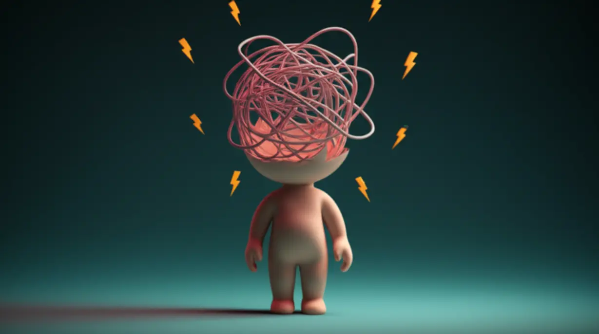 A-cute-3D-illustration-of-tangled-threads-inside-a-simplified-human-outline,-with-small-lightning-bolts,-symbolizing-internal-stress-and-an-overactive-autonomic-nervous-system.