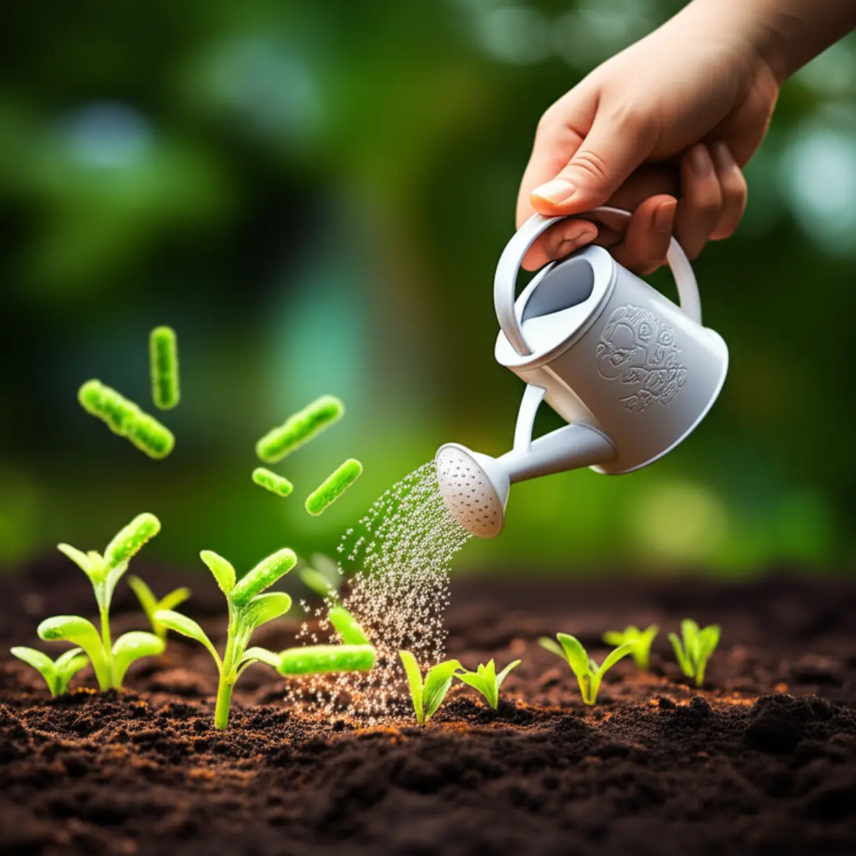 작고-활기찬-장내-미생물-정원에-물을-주는-행복한-사람의-귀여운-3D-이미지.-미생물들은-빛나고-활동적이며,-건강-개선을-상징하는-밝고-역동적인-내부-풍경을-만들고-있다.