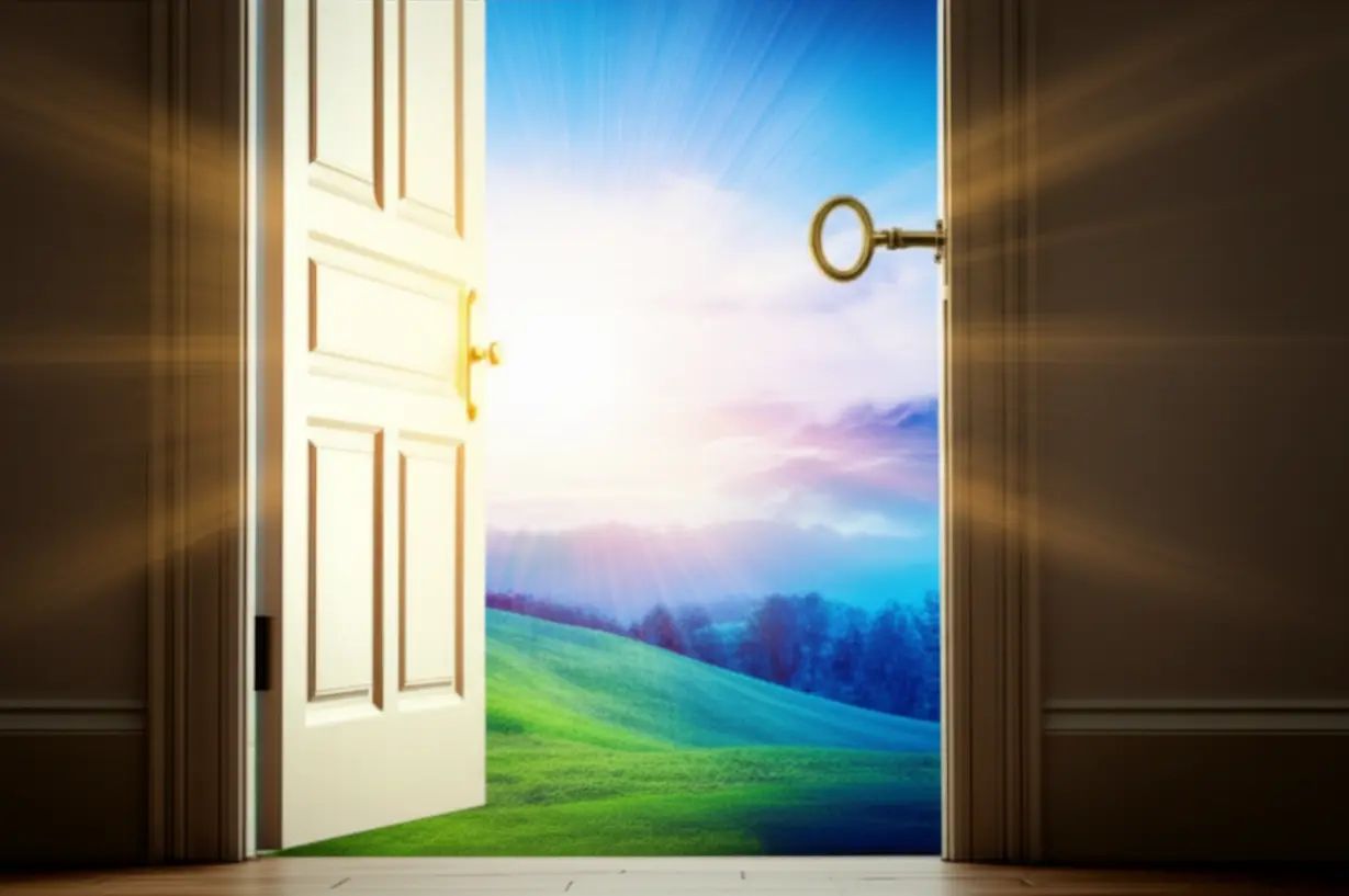 빛나는-옛스러운-열쇠가-문을-열자-밝고-선명한-풍경이-펼쳐지는-3D-이미지