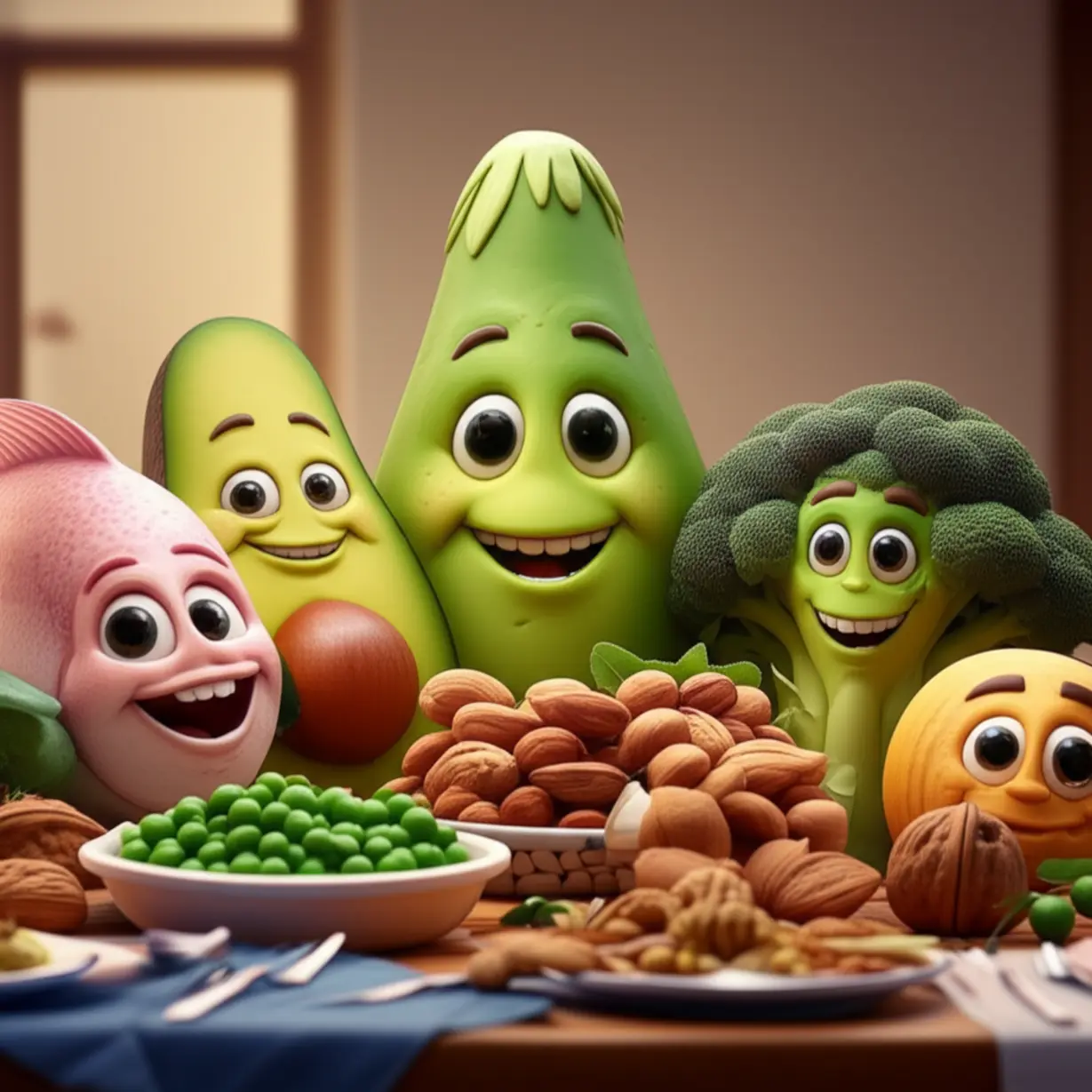 활기차고-행복해-보이는-아보카도,-브로콜리,-생선,-견과류-등-의인화된-음식들이-가득한-아늑한-식탁의-귀여운-3D-이미지