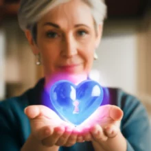 편안하고-자신감-있는-표정의-40-50대-사람이-열쇠-구멍이-있는-빛나는-심장을-부드럽게-들고-있는-귀여운-3D-이미지