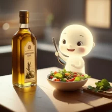 아늑한-주방-카운터에-놓인-엑스트라버진-올리브오일과-신선한-샐러드,-그리고-은은한-빛-속에서-미소-짓는-캐릭터가-숟가락을-들고-있는-모습