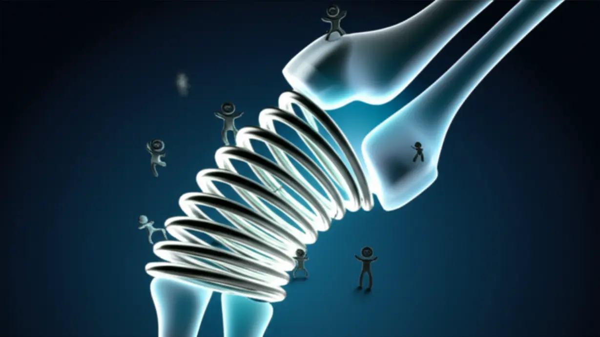 A-glowing,-flexible-joint-with-tiny-happy-people-stretching,-symbolizing-youthful-movement.