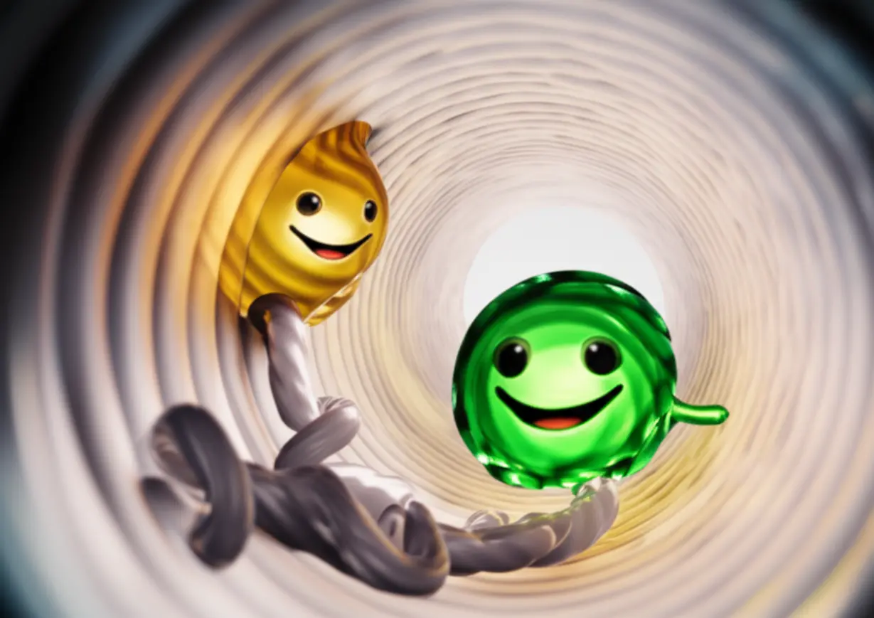 HDL과-LDL을-나타내는-두-개의-귀여운-대비되는-3D-방울-이미지.-HDL은-밝고-깨끗한-파이프를-청소하고-있고,-LDL은-약간-엉켜서-탁한-파이프에-쌓여-있는-모습.