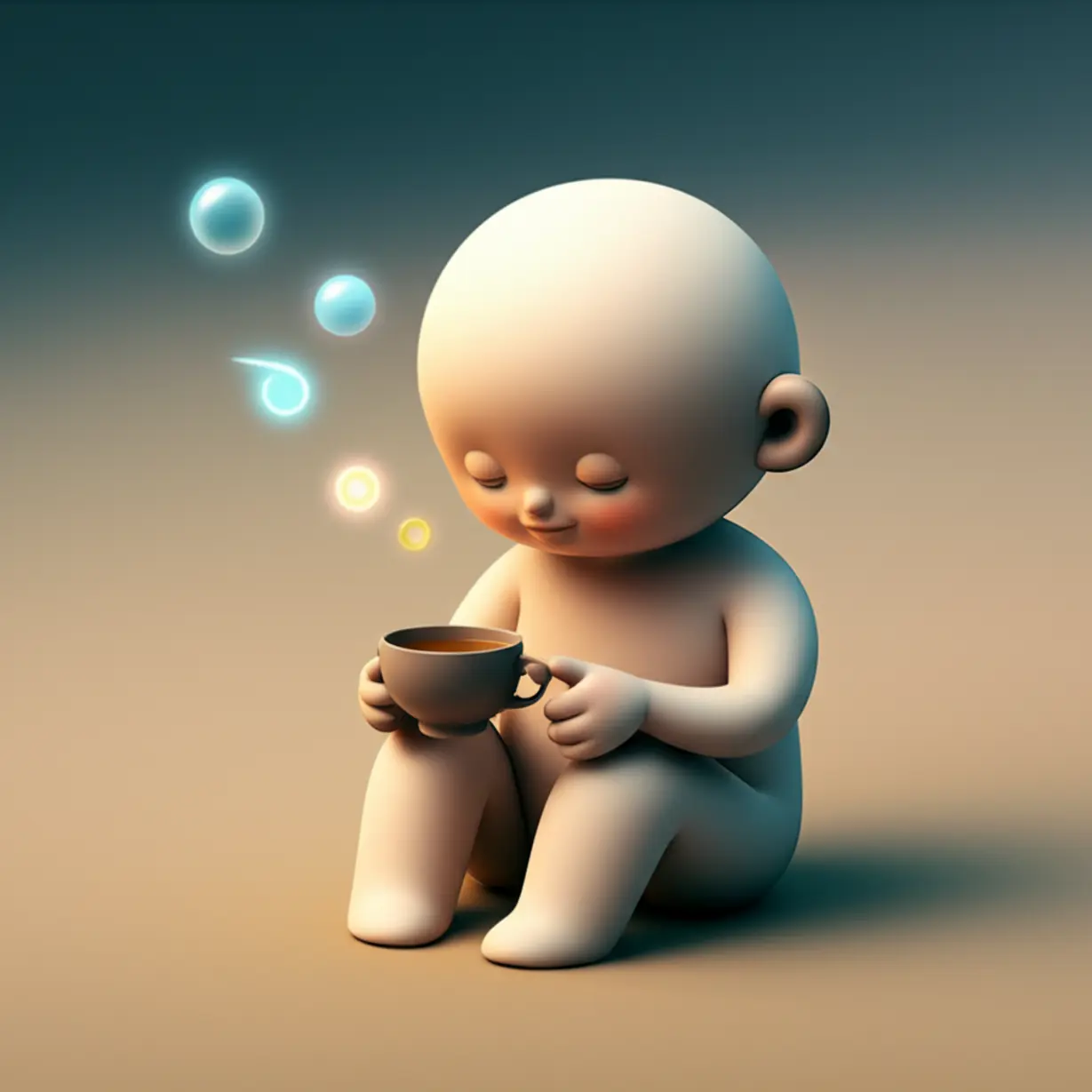 A-simplified-3D-character-thoughtfully-holding-a-teacup,-with-glowing-symbols-of-good-oral-health,-mental-clarity,-and-healthy-skin-around-them.