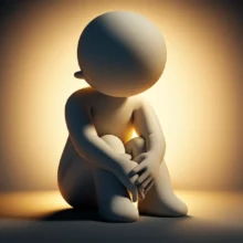 A-3D-illustration-of-a-person-gently-holding-their-leg,-contemplating-an-unspoken-feeling.