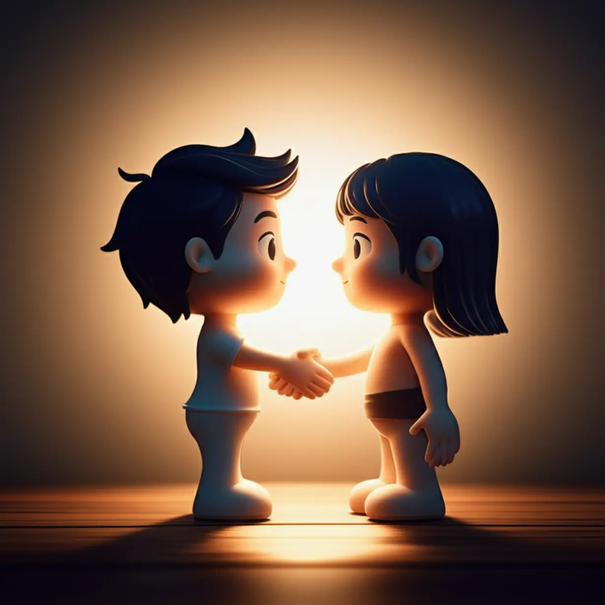 Two-cartoon-characters-shaking-hands,-surrounded-by-a-warm-glow,-representing-trust-and-connection.