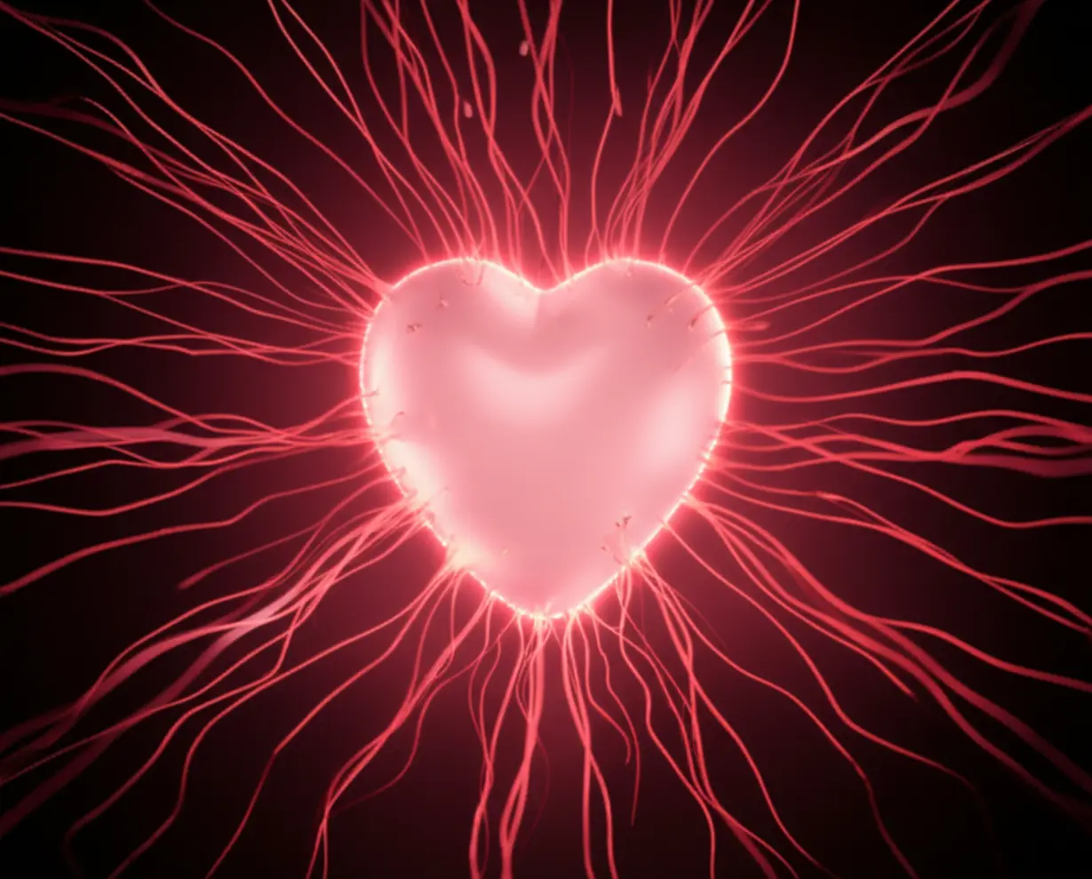 A-cute-3D-rendering-of-a-delicate,-glowing-heart-with-turbulent-red-lines-around-it,-representing-internal-stress-and-agitated-emotions.