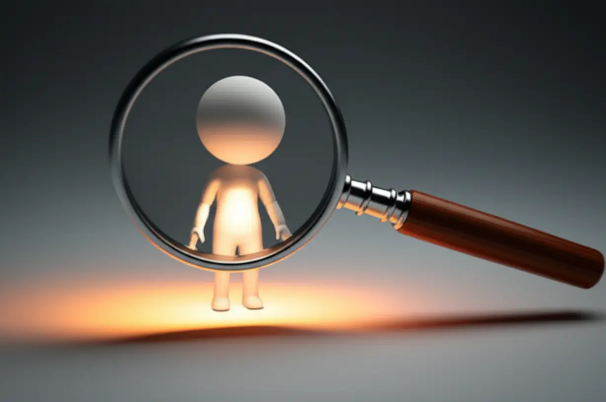 A-magnifying-glass-illuminating-a-specific,-subtly-glowing-area-on-an-abstract-human-body,-representing-the-discovery-of-a-hidden-cause-of-pain.