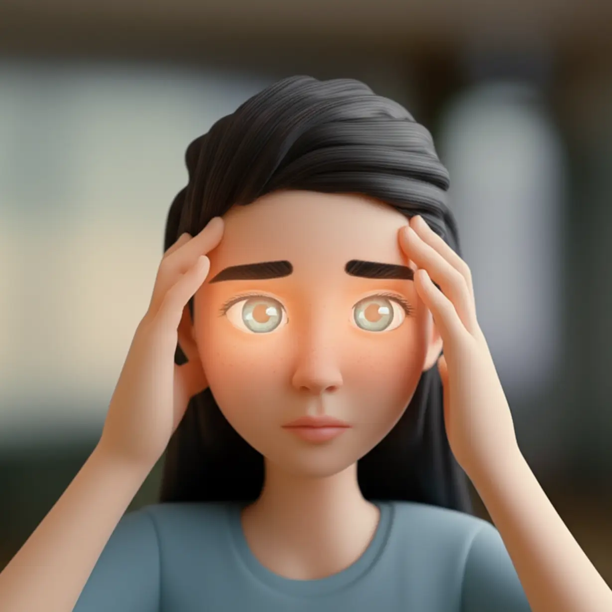 A-3D-illustration-of-a-person-gently-holding-their-head-and-eyes,-appearing-contemplative,-with-subtle-light-rays-emanating-from-their-eyes,-symbolizing-a-crucial-internal-warning.