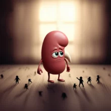 작고-경계하는-콩팥-캐릭터가-질병을-상징하는-그림자-같은-형상들을-관찰하고-있고,-멀리서-밝은-희망의-빛이-비추는-모습