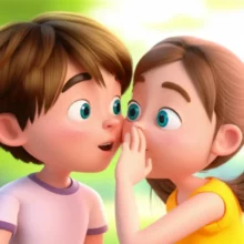 A-cute-3D-image-of-one-person-whispering-a-secret-to-another,-implying-a-hidden-tip-for-summer-health.