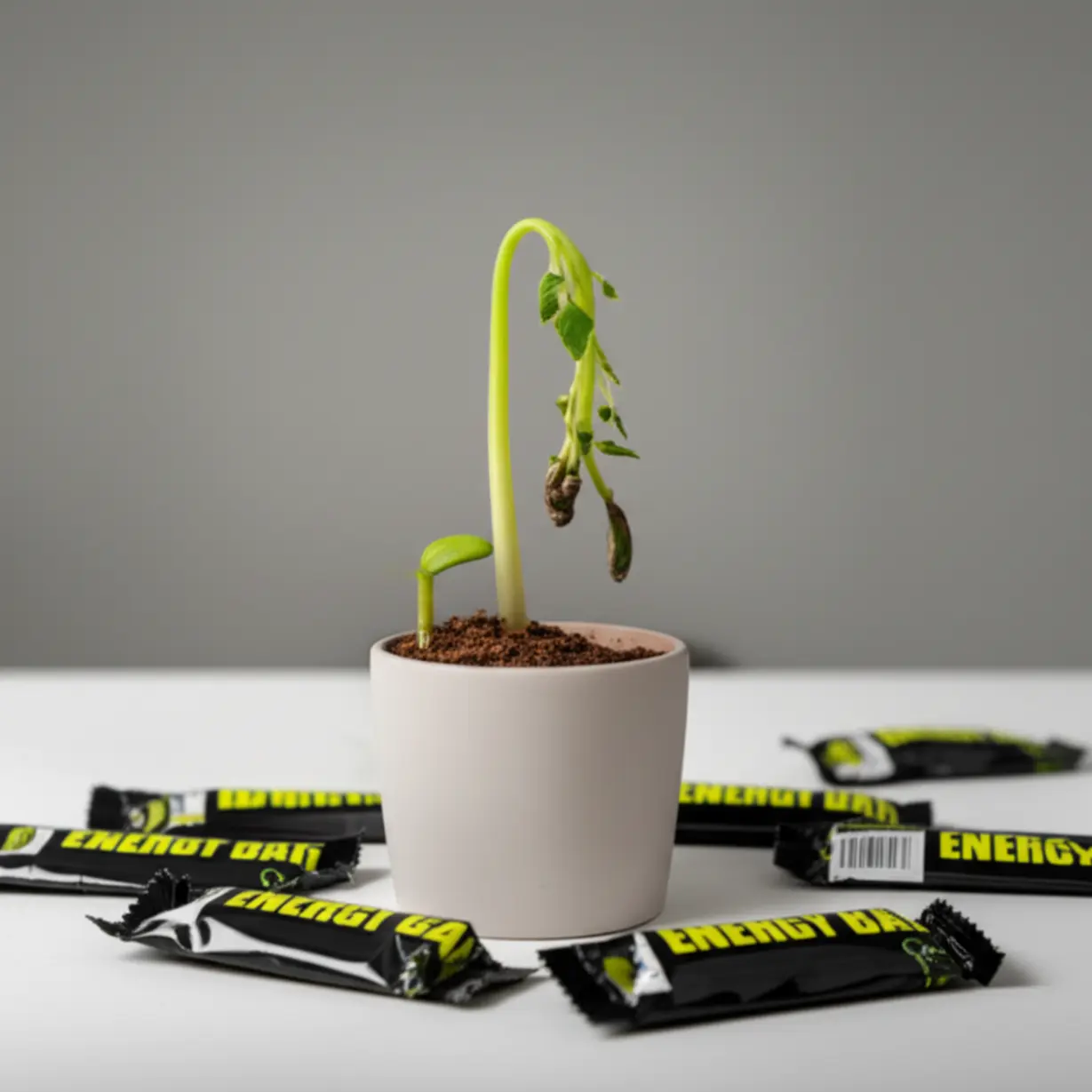 A-cute-3D-image-of-a-small,-wilting-plant-surrounded-by-empty-wrappers,-with-a-tiny-new-sprout-growing.