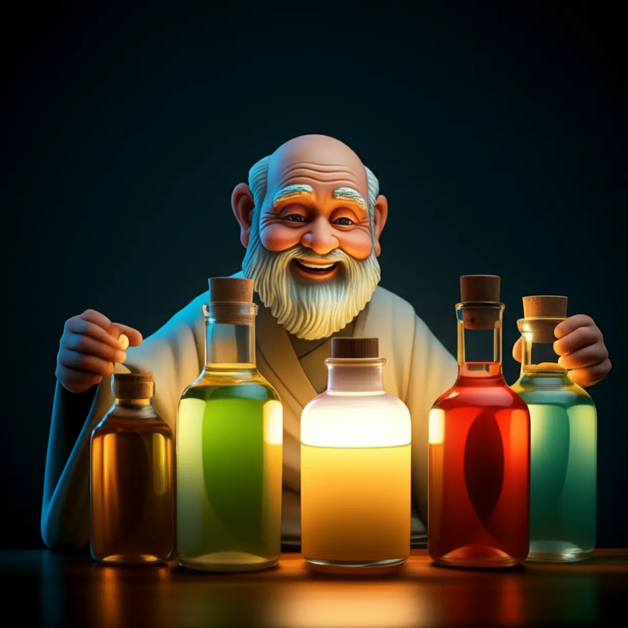 A-wise-character-choosing-between-several-glowing-bottles,-representing-the-thoughtful-selection-of-a-Lysine-supplement.