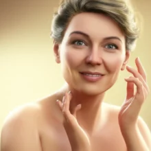 50대-여성이-피부를-만지며-환하게-웃는-모습