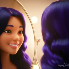 A-person-with-healthy,-dark-hair-smiling-at-their-reflection-in-a-mirror,-symbolizing-renewed-youth-and-vitality.