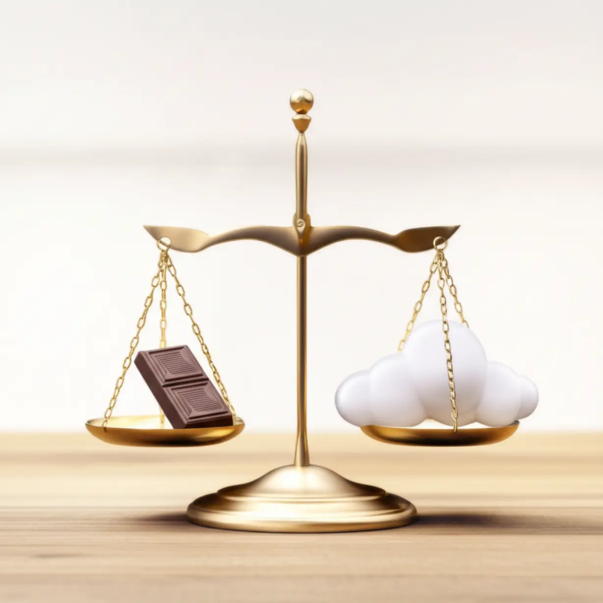 밝고-깔끔한-환경에서-한쪽에는-작고-만족스러운-다크-초콜릿-조각이,-다른-한쪽에는-식욕-조절을-나타내는-가볍고-폭신한-구름이-있는-균형-잡힌-저울