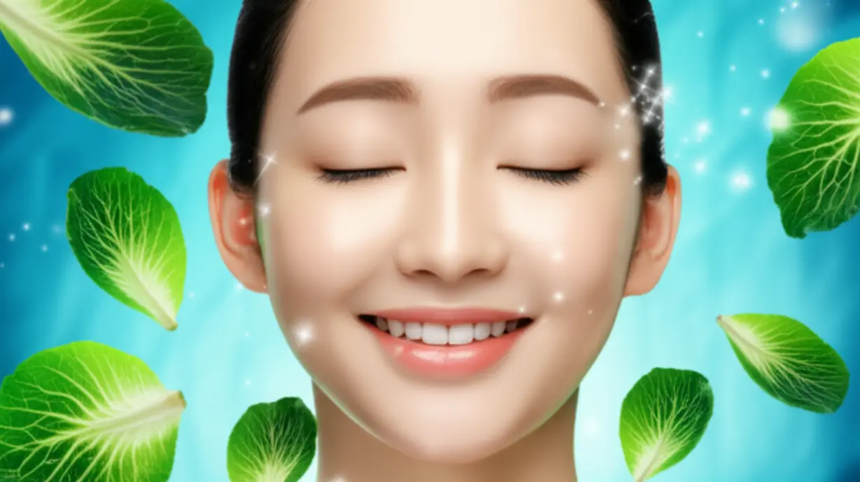 빛나고-건강한-피부로-활력을-발산하는-사람의-귀여운-3D-이미지,-주변에는-떠다니는-신선한-양배추-잎과-작은-반짝임이-있습니다.