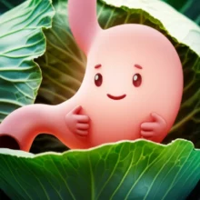 양배추-잎에-둘러싸여-편안하게-빛나는-뱃속의-모습,-내면의-평화와-치유를-상징합니다.
