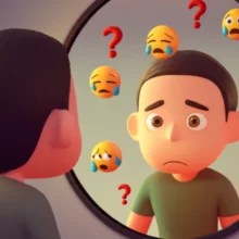 거울-속-차분하고-활기찬-자신을-바라보며-혼란스러워하는-귀여운-3D-캐릭터-이미지