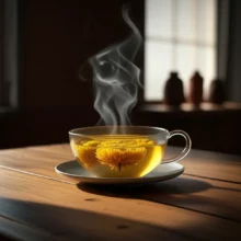 A-warm-cup-of-chrysanthemum-tea-on-a-wooden-table,-symbolizing-a-comforting-secret-to-wellness.