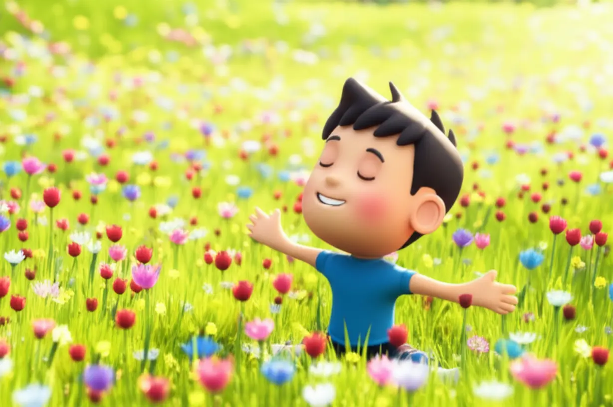 A-3D-illustration-of-a-person-joyfully-stretching-in-a-serene-meadow-with-blooming-flowers,-embodying-renewed-health-and-inner-peace.