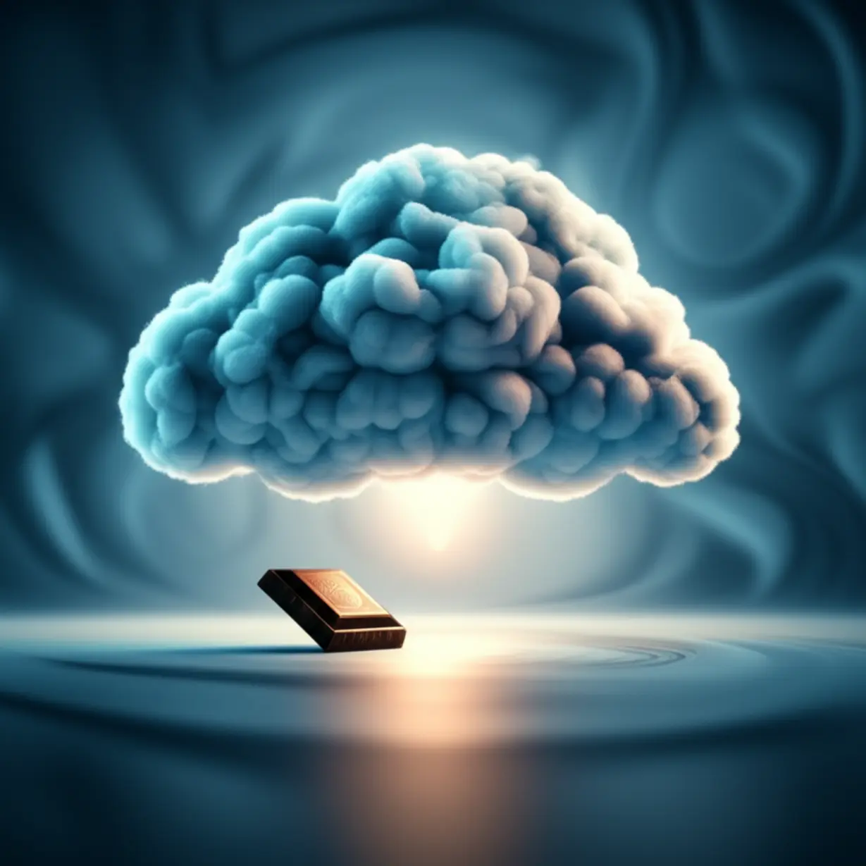 부드러운-집중된-빛을-발하는-차분한-뇌-모양-구름과-작은-다크-초콜릿-조각이-생산성을-나타내는-잔잔한-소용돌이-패턴에-둘러싸여-있음