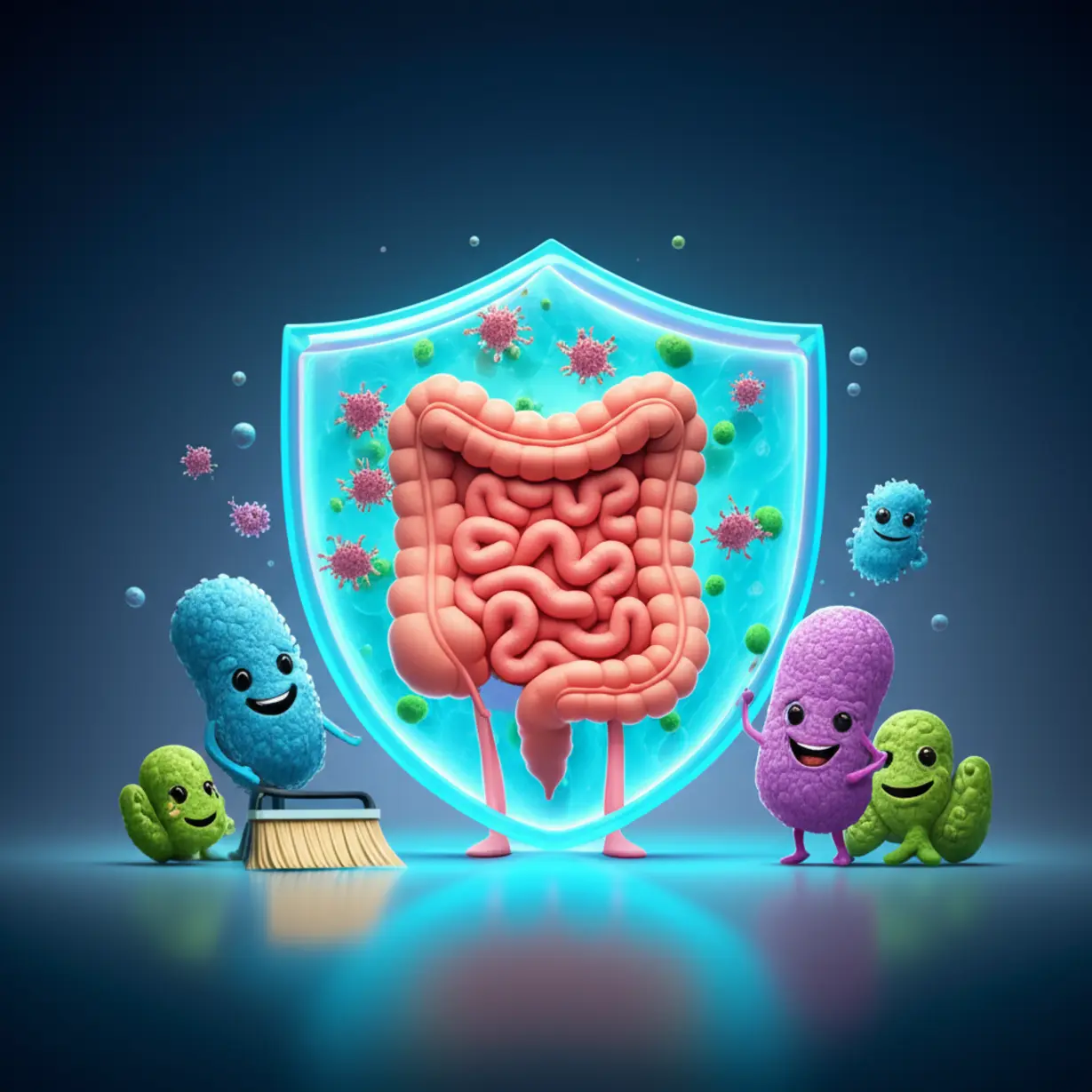 행복하고-깨끗한-장-환경-속에서-친근한-유산균-캐릭터들이-작은-독소들을-쓸어내고,-면역력-보호막에-둘러싸인-모습