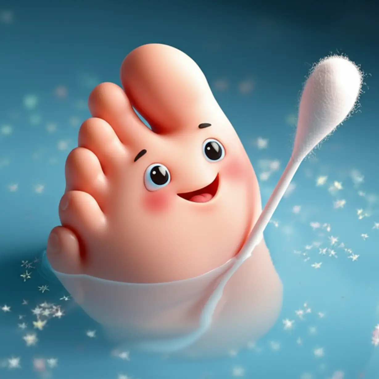 A-small,-happy-toenail-character-being-gently-soothed-by-warm-water-and-a-cotton-swab,-with-tiny-sparkling-stars-around-it,-representing-comfort-and-healing.