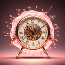 빛나는-건강한-세포가-시간을-상징하는-작은-시계를-들고-부드러운-배경-위에-있는-귀여운-3D-이미지.