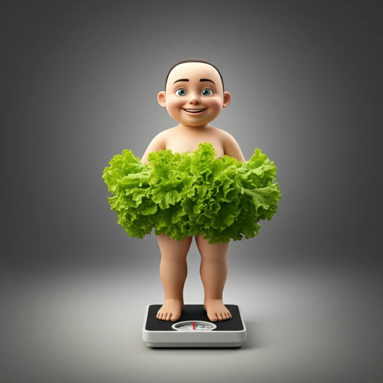 A-cute-3D-image-of-a-smiling-person-on-a-scale,-surrounded-by-lettuce,-symbolizing-successful-weight-control.