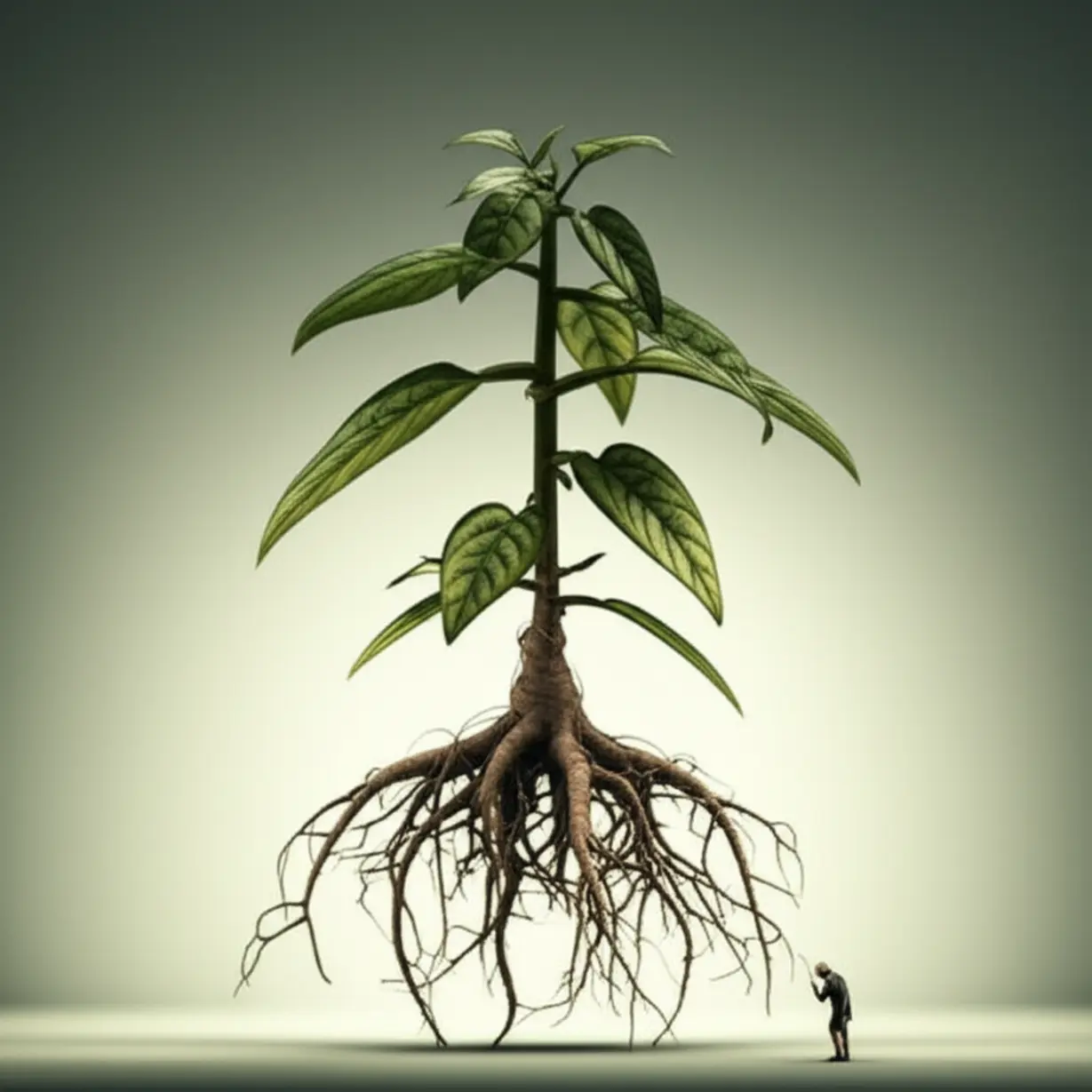 A-3D-illustration-of-a-delicate-plant-with-intricately-tangled-roots,-representing-the-complex-and-hidden-causes-of-discomfort-in-the-body.