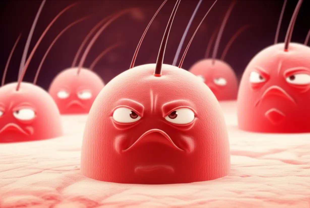 A-cute-3D-grumpy-immune-cell-mistakenly-attacking-a-hair-follicle,-representing-stress-induced-autoimmune-hair-loss.