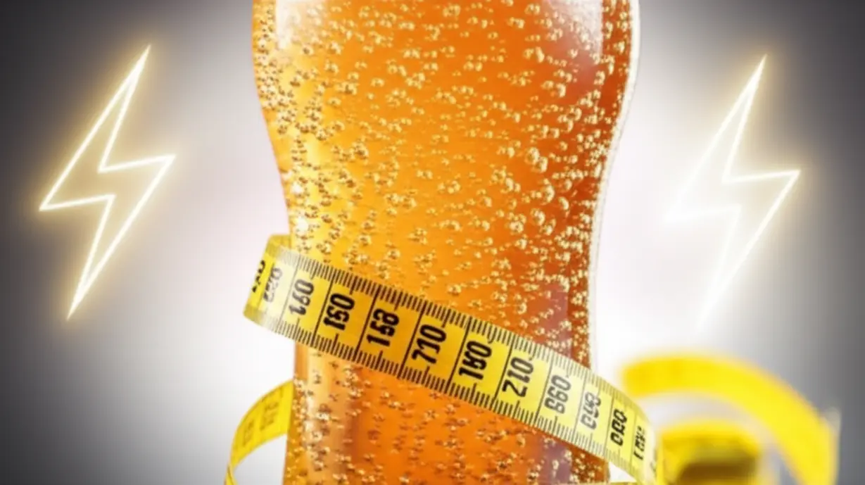 반짝이는-기포가-있는-상큼한-콤부차-음료,-주변에-느슨하게-묶인-작은-줄자와-빛나는-에너지-심볼들