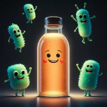 빛나는-콤부차-병과-행복하게-춤추는-유익균들이-건강한-활력을-내뿜는-모습