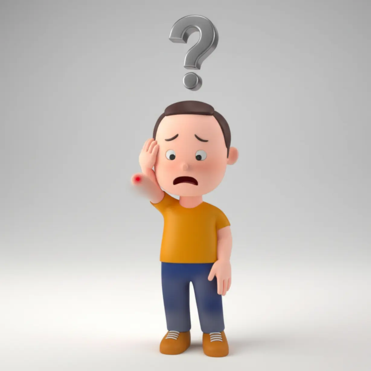 팔에-작은-붉은-부기를-걱정스럽게-바라보는-사람의-귀여운-3D-이미지