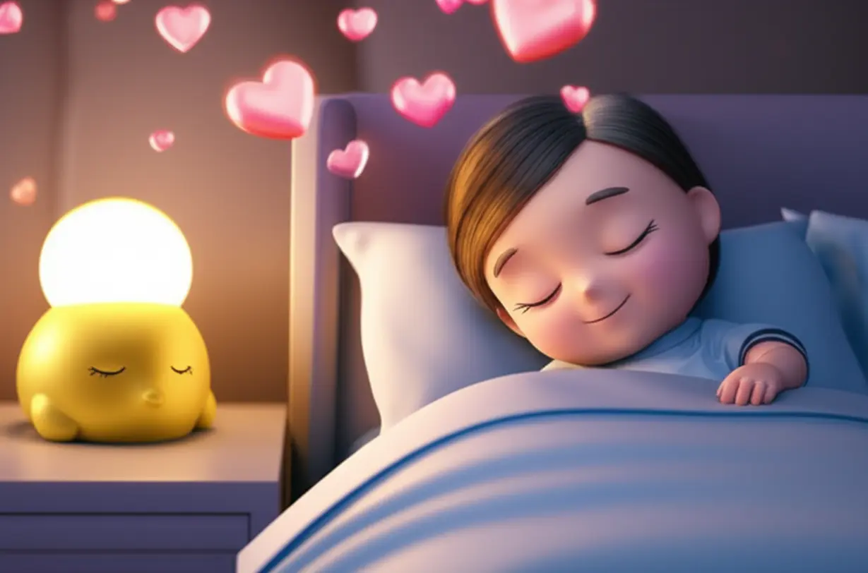 A-cute-3D-character-sleeping-peacefully-in-a-cozy-bed,-with-a-gentle-gold-kiwi-nightlight-and-small-floating-hearts,-symbolizing-improved-sleep-quality-and-cardiovascular-health.