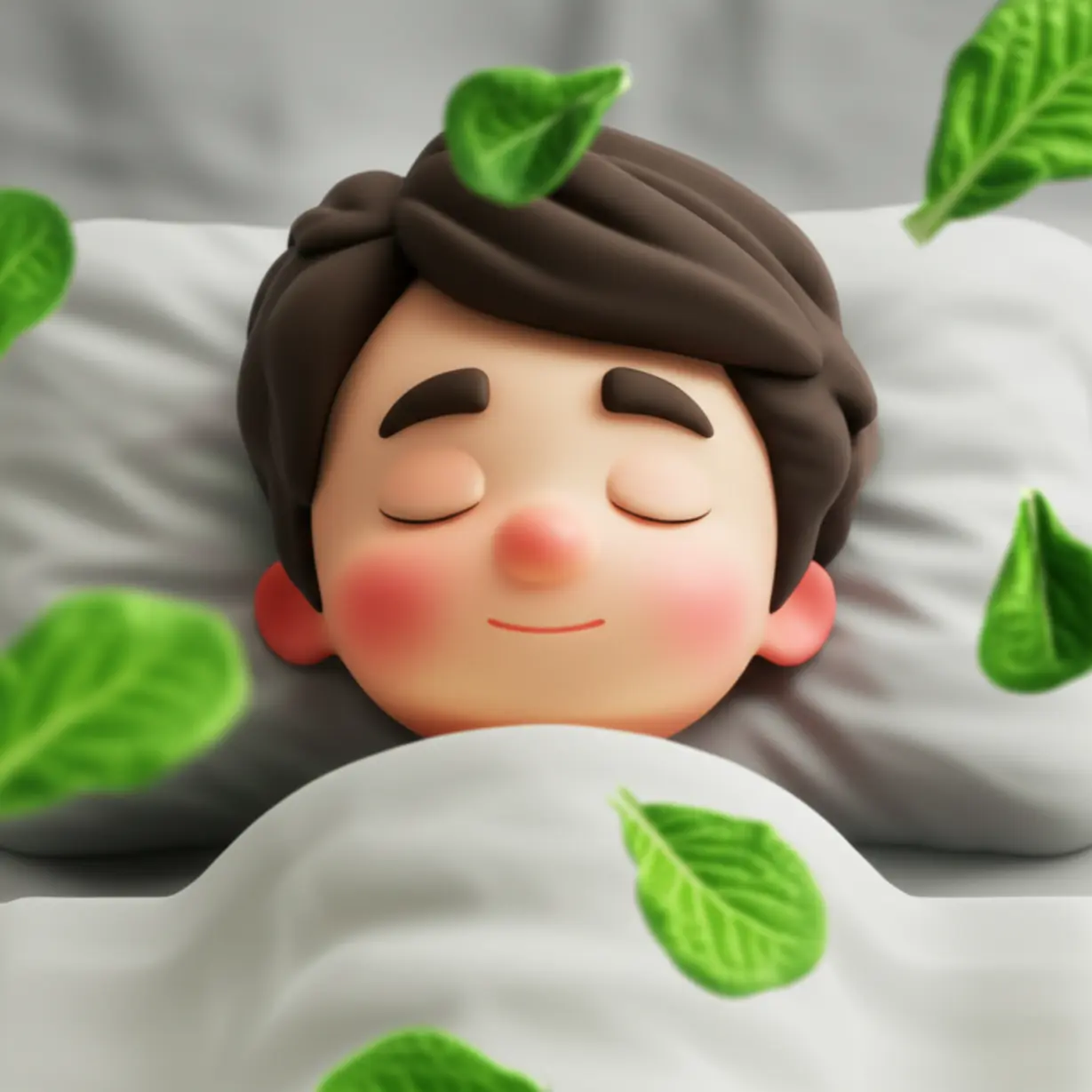 A-cute-3D-image-of-a-person-sleeping-soundly,-surrounded-by-floating-lettuce-leaves.