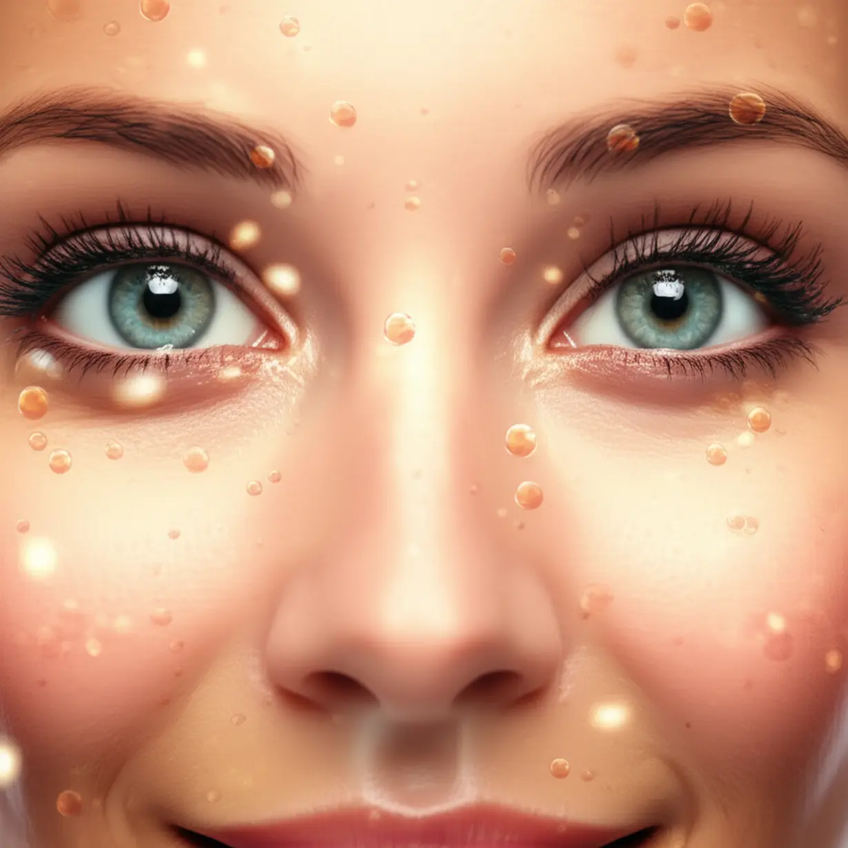 건강하게-빛나는-활기찬-얼굴과-주변을-떠다니는-작은-콤부차-유익균과-반짝이는-항산화제