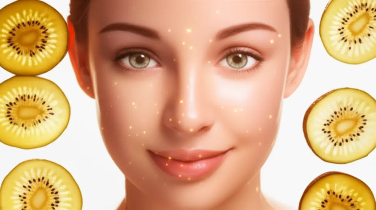 A-cute-3D-representation-of-a-radiant-and-glowing-face-with-clear,-smooth-skin,-adorned-with-sparkling-gold-kiwi-slices,-symbolizing-the-fruit
