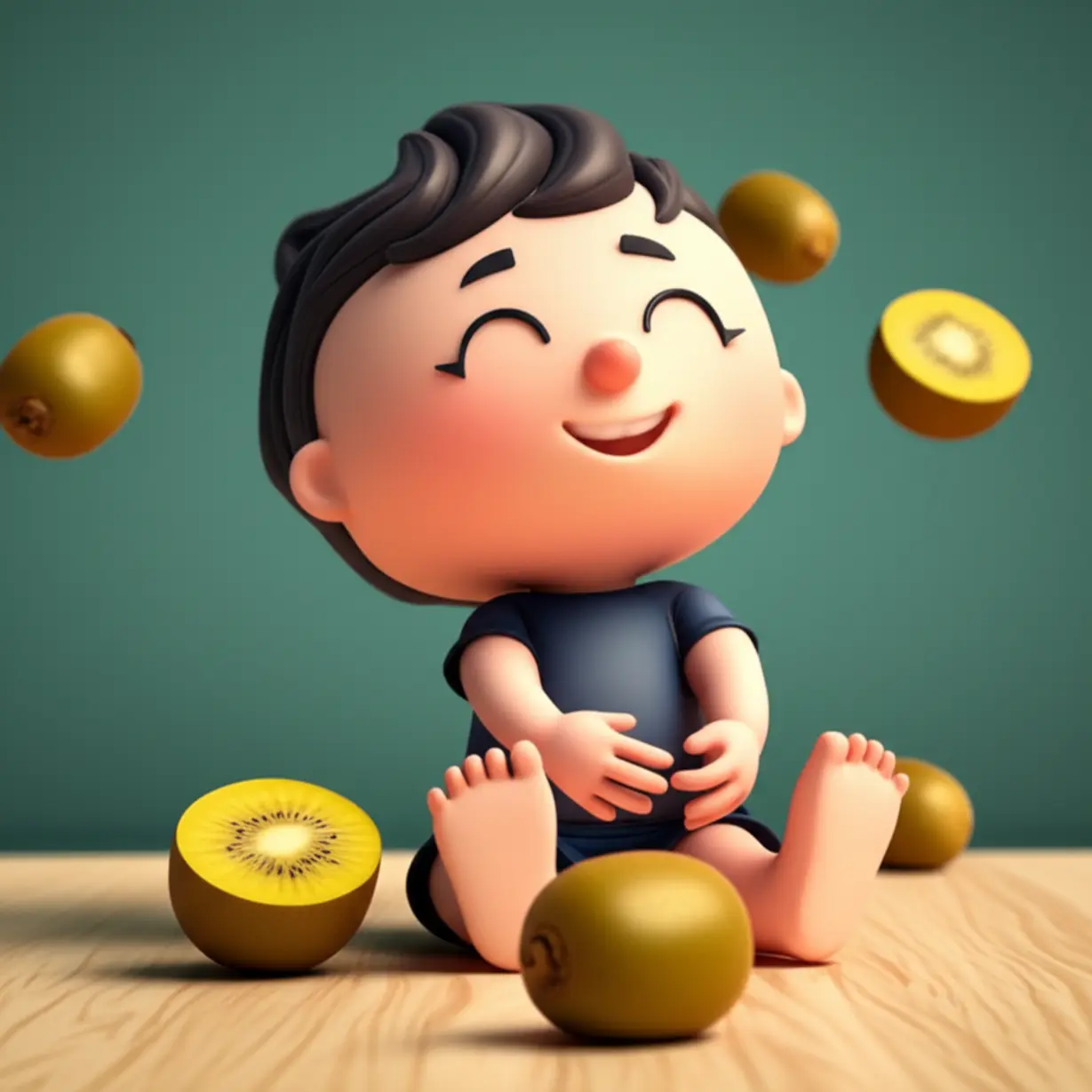 A-cute-3D-character-with-a-refreshed-and-energetic-expression,-stretching-happily,-surrounded-by-small-golden-kiwis,-symbolizing-improved-vitality-and-reduced-fatigue.