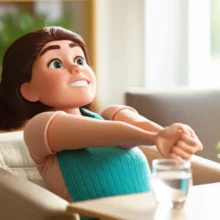 A-3D-illustration-of-a-smiling-person-stretching-comfortably,-feeling-relieved-and-light,-symbolizing-improved-gut-health.