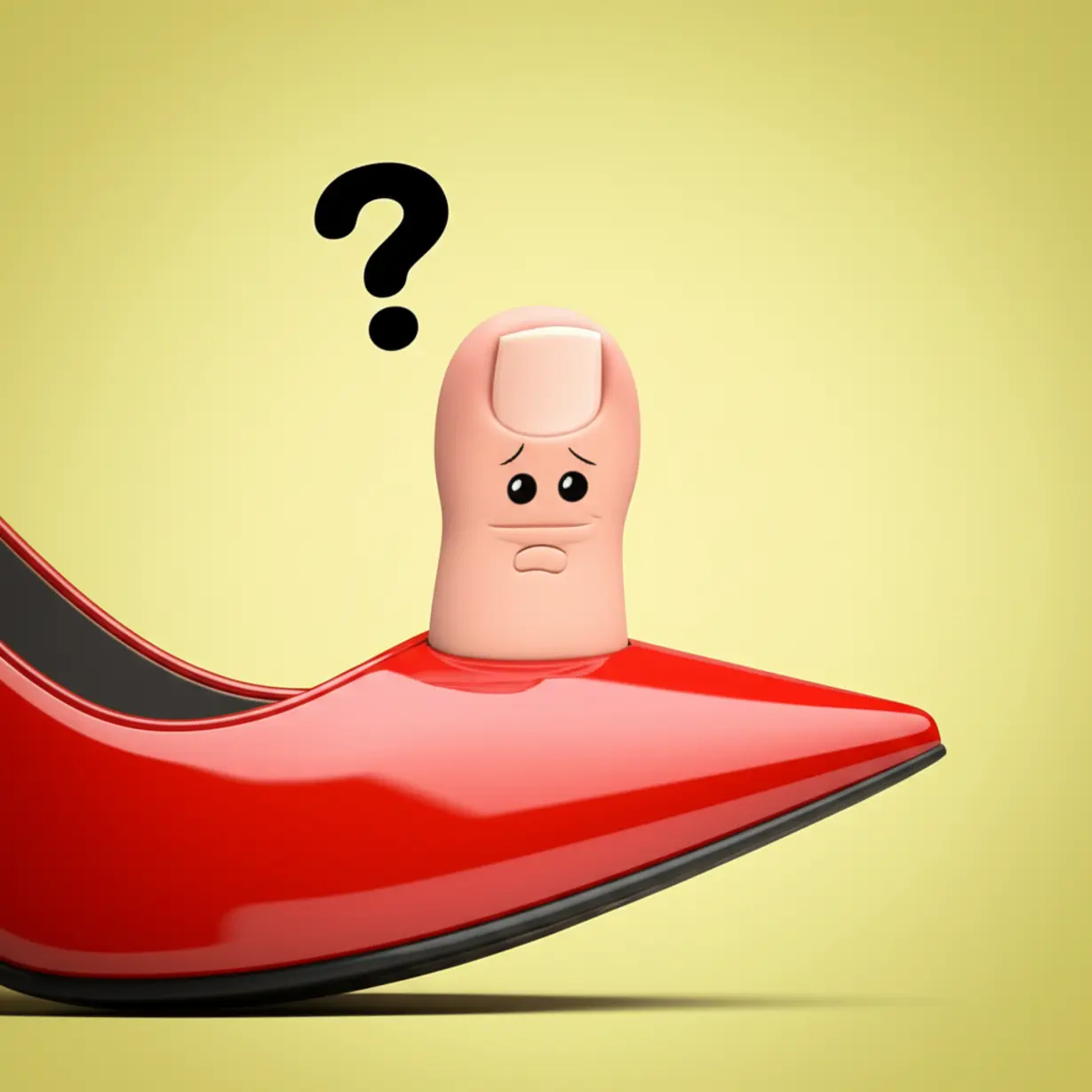 A-tiny,-sad-toenail-character-being-uncomfortably-squeezed-by-a-narrow,-fashionable-shoe,-with-a-question-mark-floating-above-it,-symbolizing-discomfort-and-confusion.