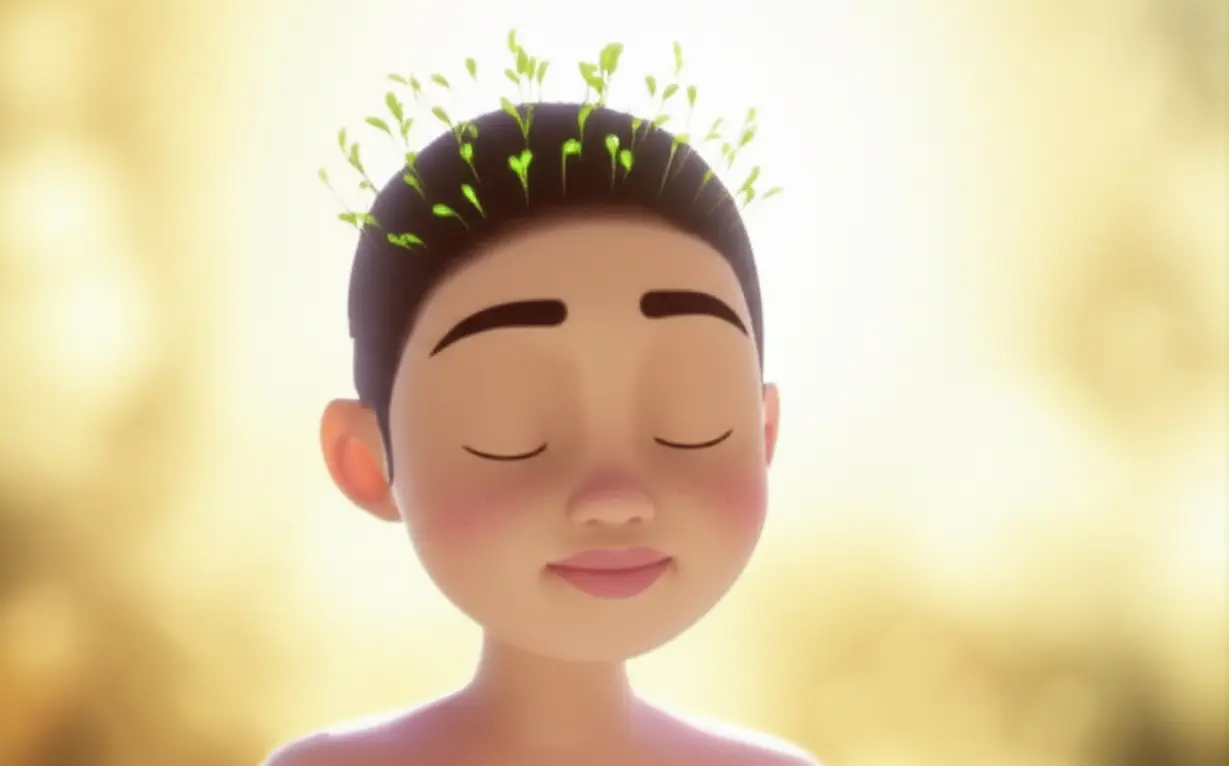 A-cute-3D-serene-person-stretching-with-new-healthy-hair-growth,-representing-healing-through-mindfulness-and-stress-reduction.