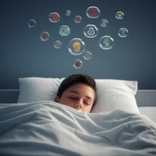 아늑한-이불-아래-잠든-사람의-귀여운-3D-이미지,-머리-위로는-불안과-미해결-문제를-암시하는-추상적인-생각-거품들이-떠-있지만,-사람은-평화로워-보인다.