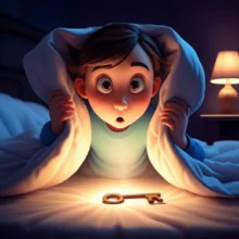 A-cute-3D-illustration-of-a-figure-discovering-a-glowing-key-under-a-pillow,-symbolizing-a-surprising-solution-to-leg-discomfort.