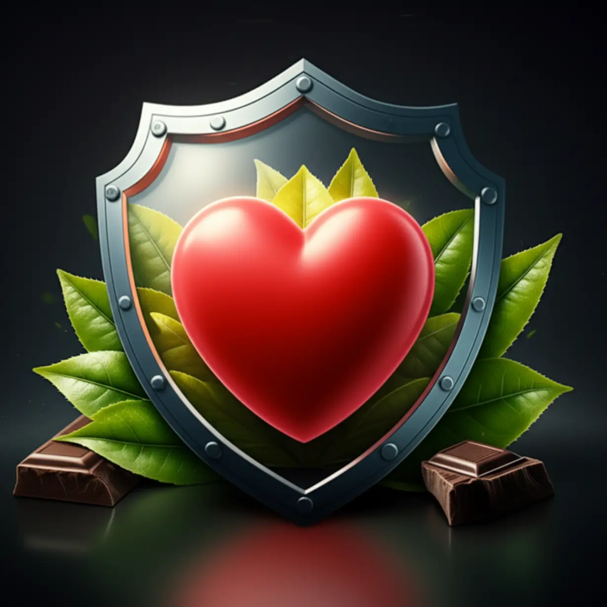 부드럽게-빛나는-활기차고-건강한-하트-아이콘이-보호막과-신선한-녹색-잎사귀에-둘러싸여-있으며,-그-옆에-작은-다크-초콜릿-조각이-있음