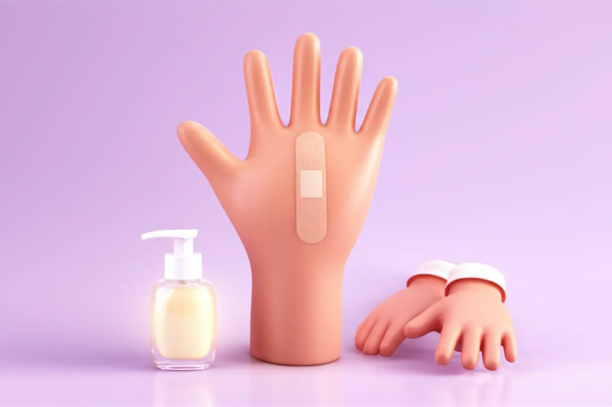 A-cute-3D-cartoon-hand-gently-covered-with-a-band-aid,-with-a-moisturizer-bottle-and-gloves-nearby,-illustrating-care,-protection,-and-prevention-methods-for-hand-blisters.